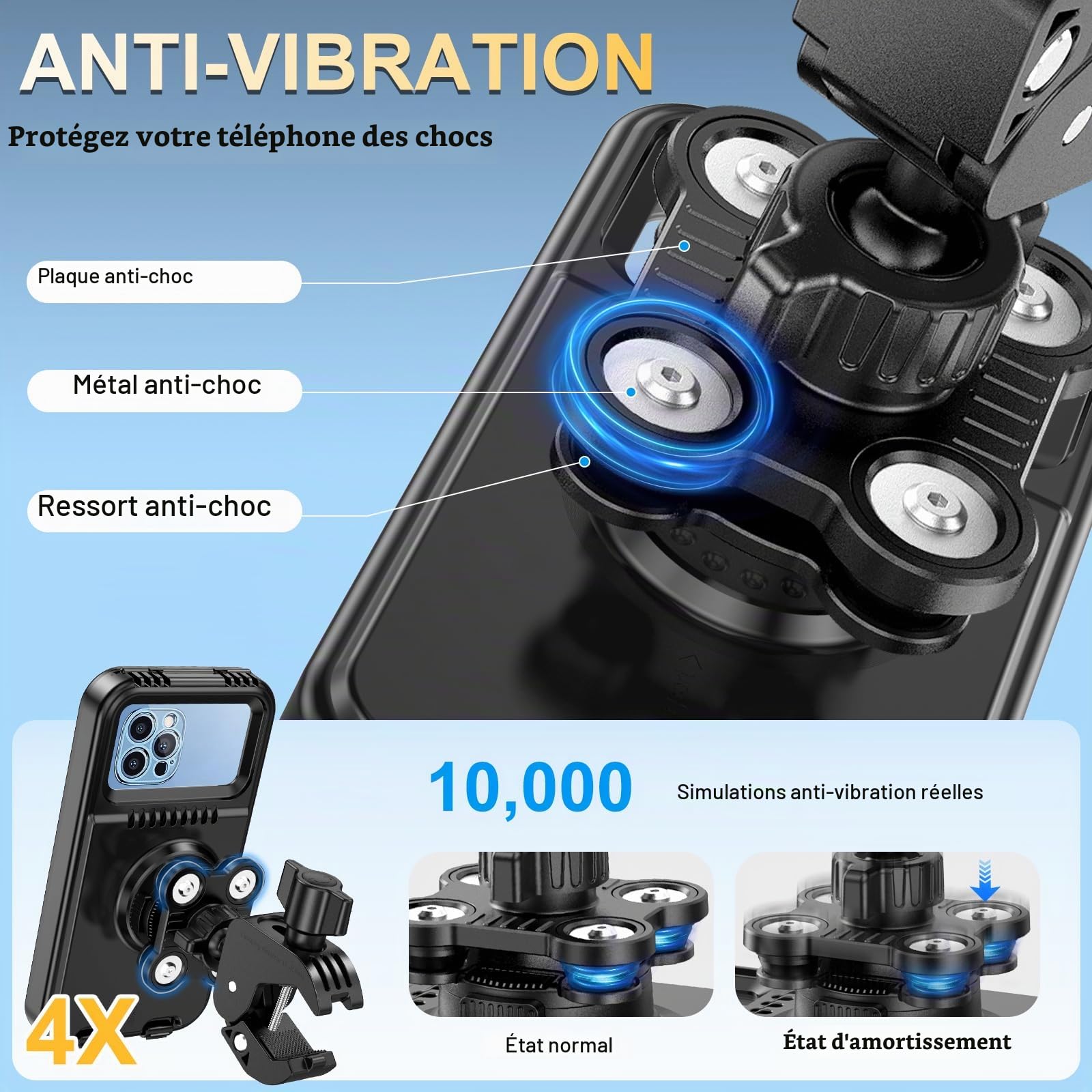 Support Téléphone Moto Scooter Antivibration Étanche IPX5 Porte Telephone Velo Moto Universel Rotation 360° Support de Téléphone pour Guidon 17-42mm, pour iPhone Huawei 4,0-7,0" Smartphones