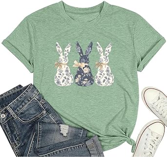 Easter Bunny T-Shirt Womens Cute Floral Rabbit Graphic Holiday Casual Tee