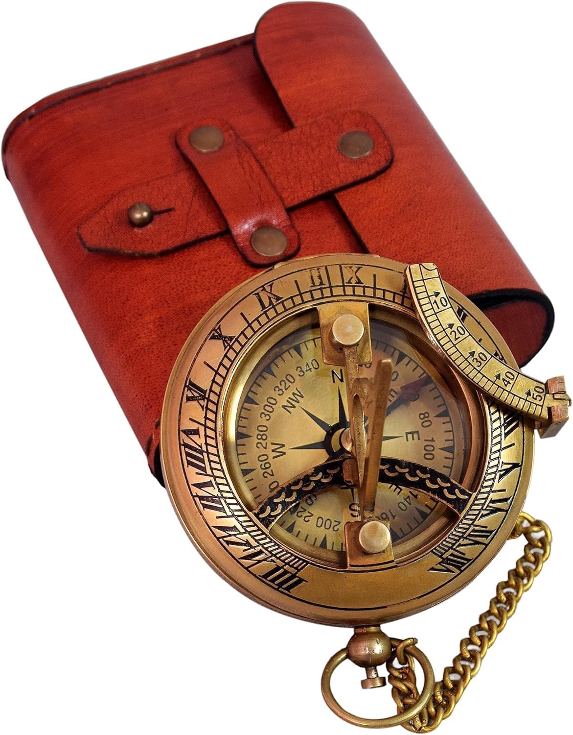 Vintage Brass Compass with Sundial, Antique Copper Finish, Pocket Navigation Tool with Leather Case and Chain