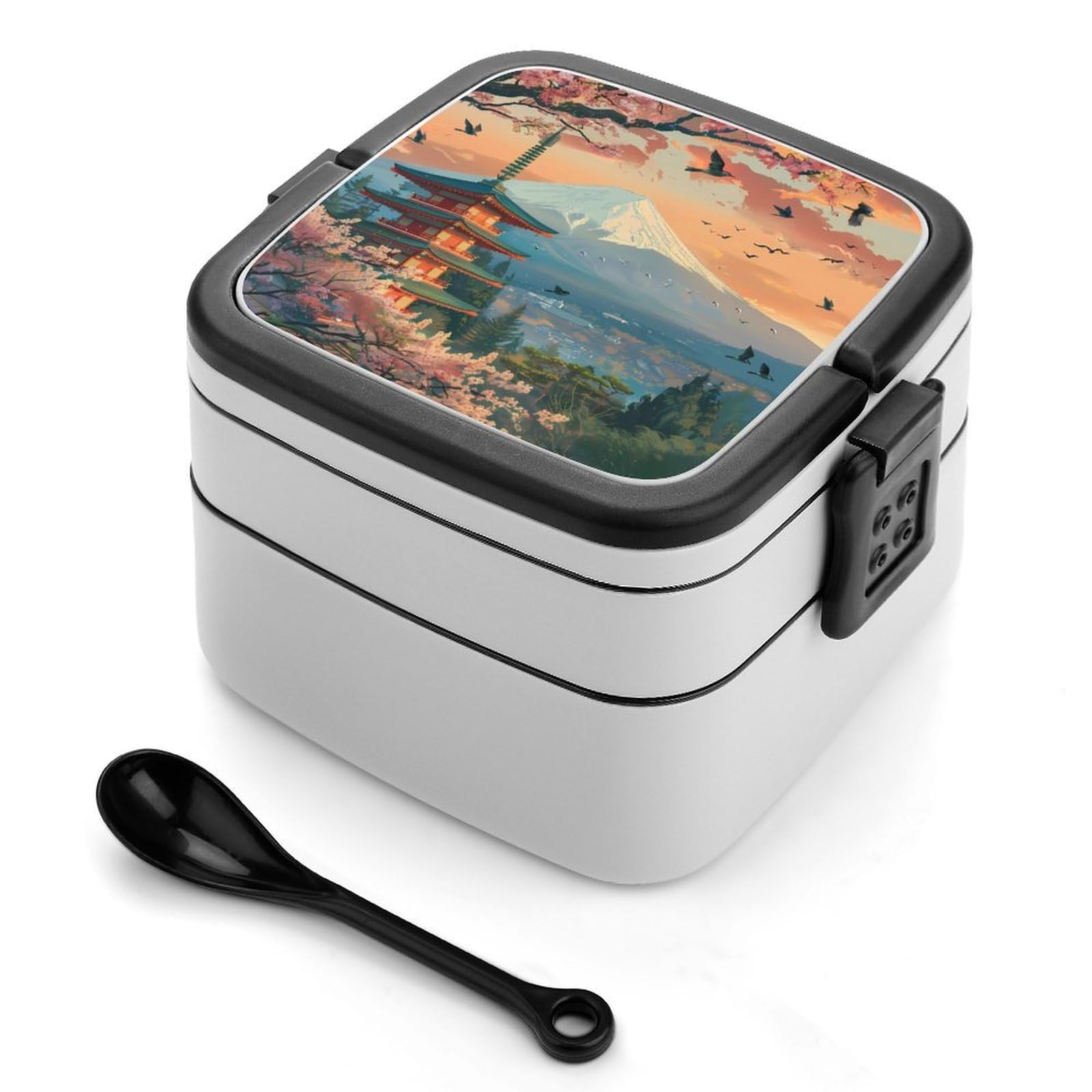 CGSBNGHA Japanese Temple on Mount Fuji Lake Cherryflower Bento Lunch Box 2 Layer Lunchbox Food Container for Adults Office