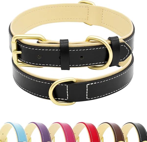 HSIGIO Leather Dog Collar for Small Medium and Large Dogs, Soft Padded Dog Leather Collar with Gold Buckle, Adjustable Genuine Leather Collars for Large Dogs(Black, L)