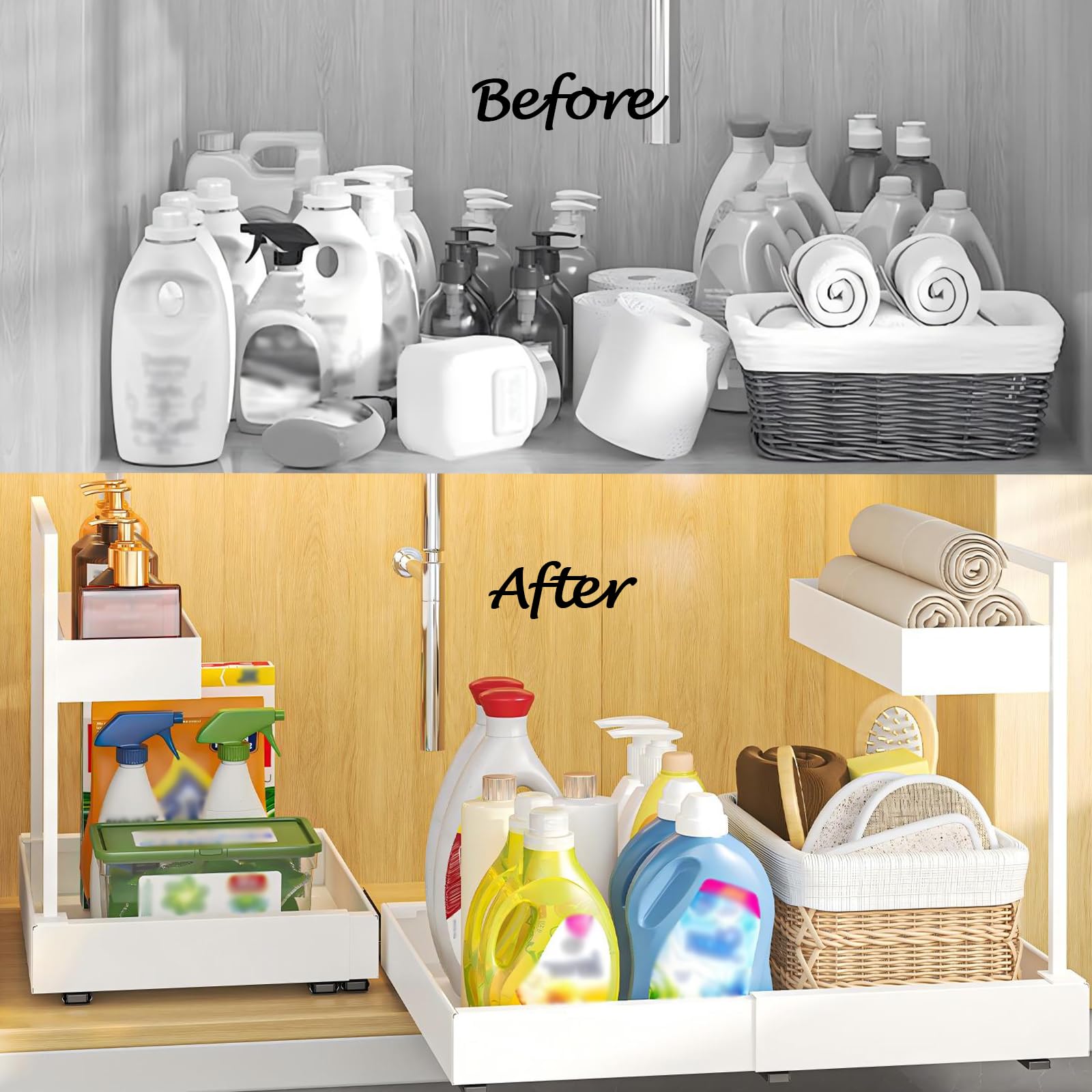 YunNasi Organizer Sottolavello Espandibile a 2 Livelli, Bianco | Cassetti e Cestelli Estraibili, Organizzatore Multiuso per Cucina, Bagno, Armadio, Credenza