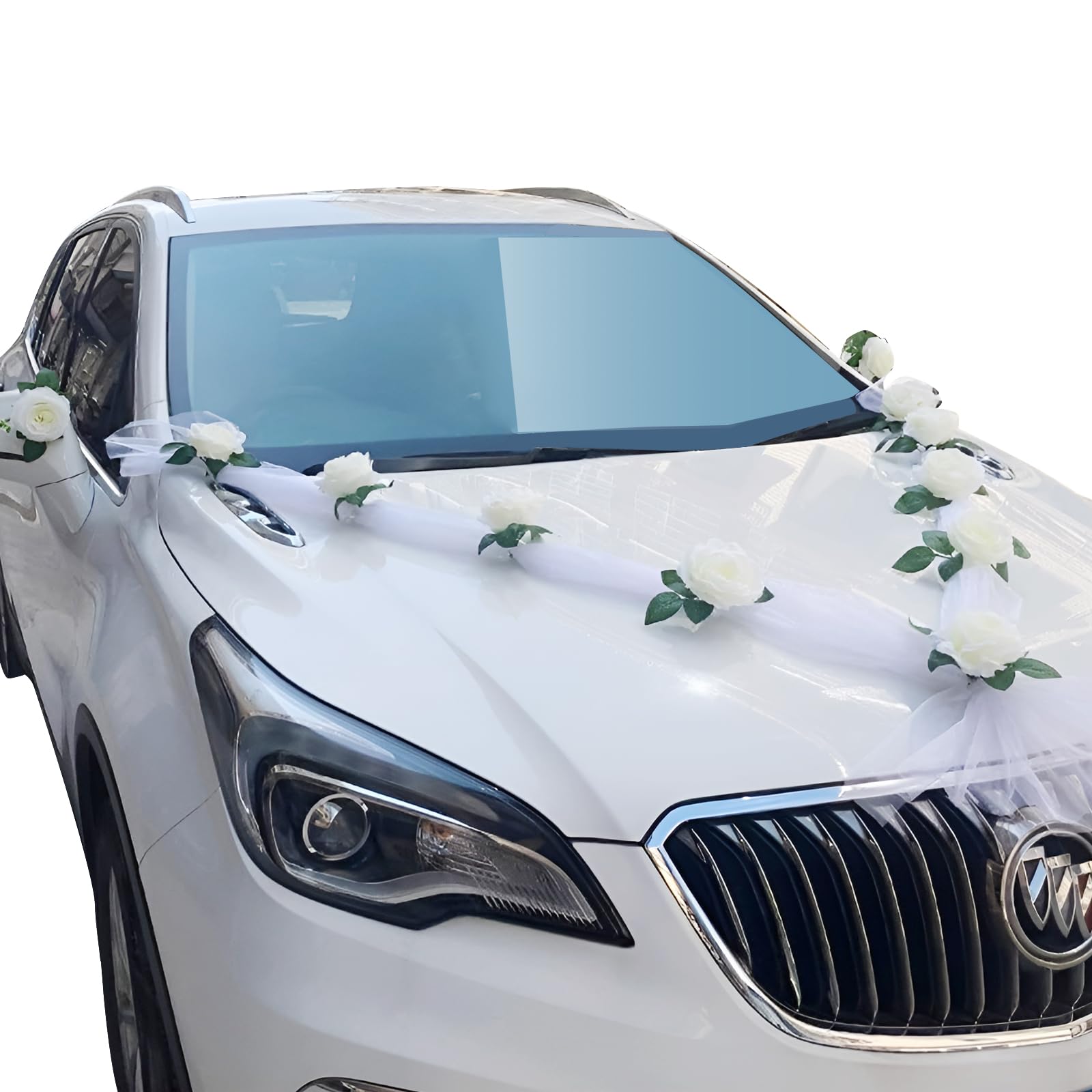 ZSMJAER 9 Piezas Decoracion Coche Boda Flores Simulación Rosa Blanca, Adornos Coche Boda, Decorativas para Coche con Ventosas, 2 Piezas 1,6 m Velo Blanco,para Bodas, Celebraciones, Fiestas