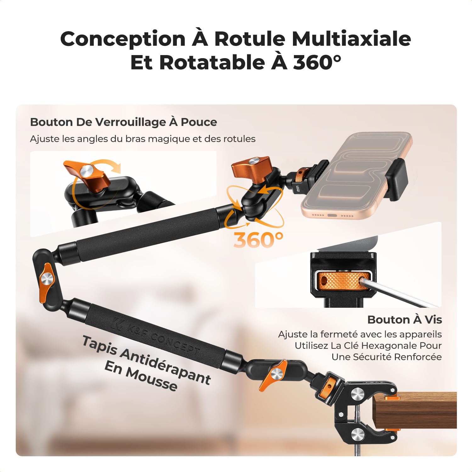 K&F CONCEPT Kit Bras Magique 22" avec Pince, Support Caméra de Bureau Articulé pour Téléphone, Caméra d'action, Lumière LED, Microphone
