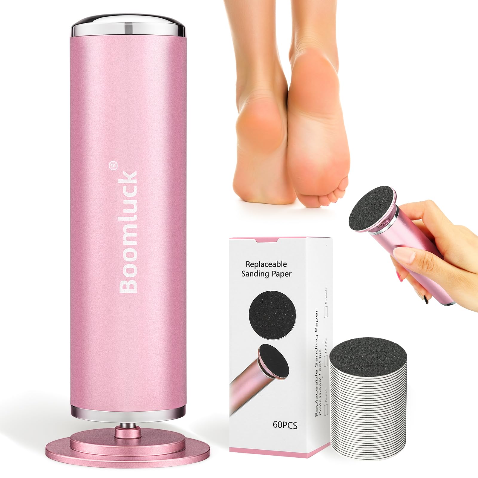 Lima elettrica per la rimozione dei calli dei piedi, lima elettrica per piedi, con velocità regolabile, con 60 dischi di carta vetrata per pelle morta, secca, screpolata e dura e calli (rosa)