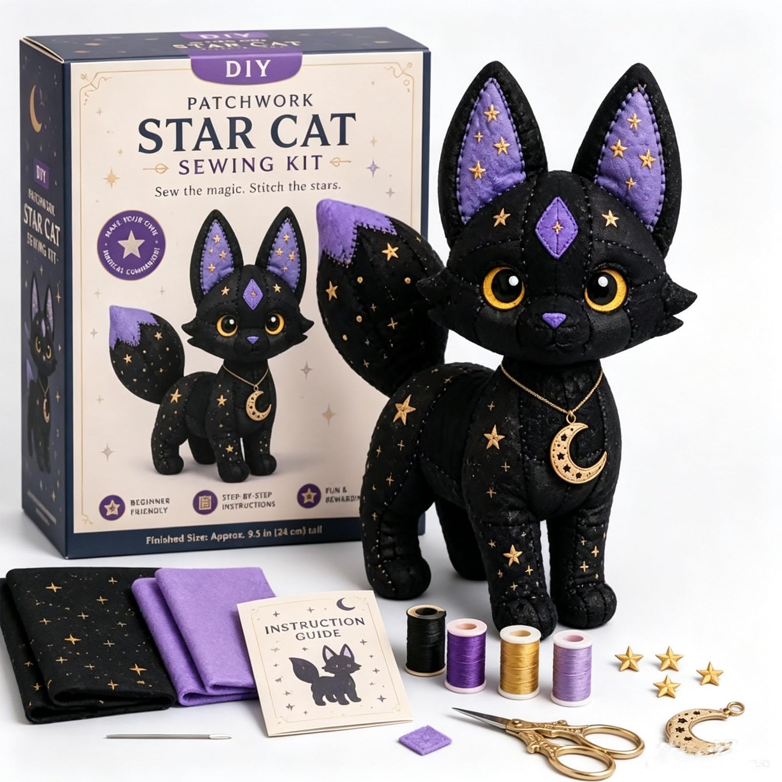 Mystic Patchwork Animal Sewing Kit – DIY Plush Craft Kit with Starry Fabric, Moon Charm, Fantasy Patchwork Animal Sewing Kit with Guide, Halloween Sewing Gift for Teens & Adults (Star Cat)