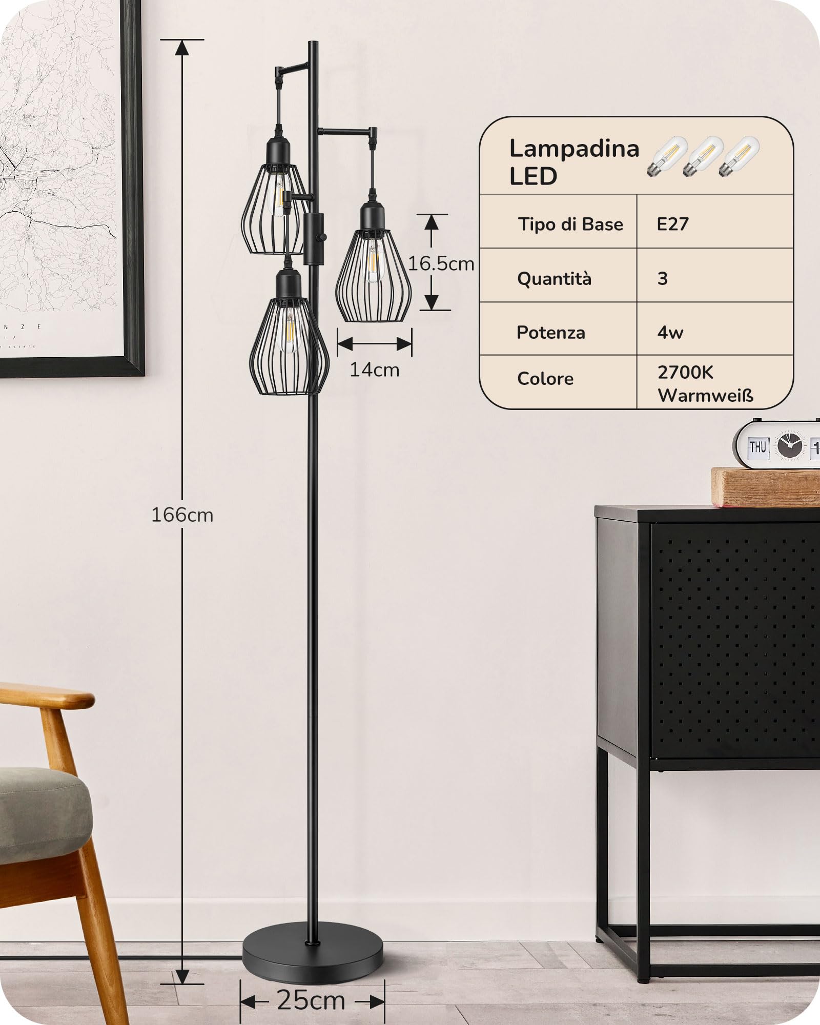 EDISHINE Lampada da terra industriale per soggiorno, 3 lampadine LED E27 incluse, bianco caldo 2700K, paralume in gabbia di metallo nero Lampada da terra design vintage retrò dimmerabile, 166 CM