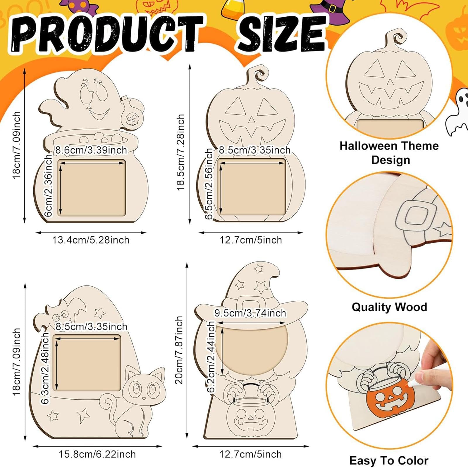 Tachiuwa 16Pcs Halloween Picture Kit, Unfinished Wooden Photo Frame, Decoration Kids Painting for Party Classroom