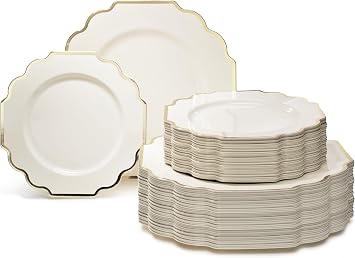 OCCASIONS 120 Plates 60 Guests Scalloped Fancy Ivory Heavy Duty Disposable Plastic Dinnerware Set, 10.5" Dinner + 8" Salad/Dessert, China-Like Look, BPA Free, Wedding Party Imperial Ivory & Gold