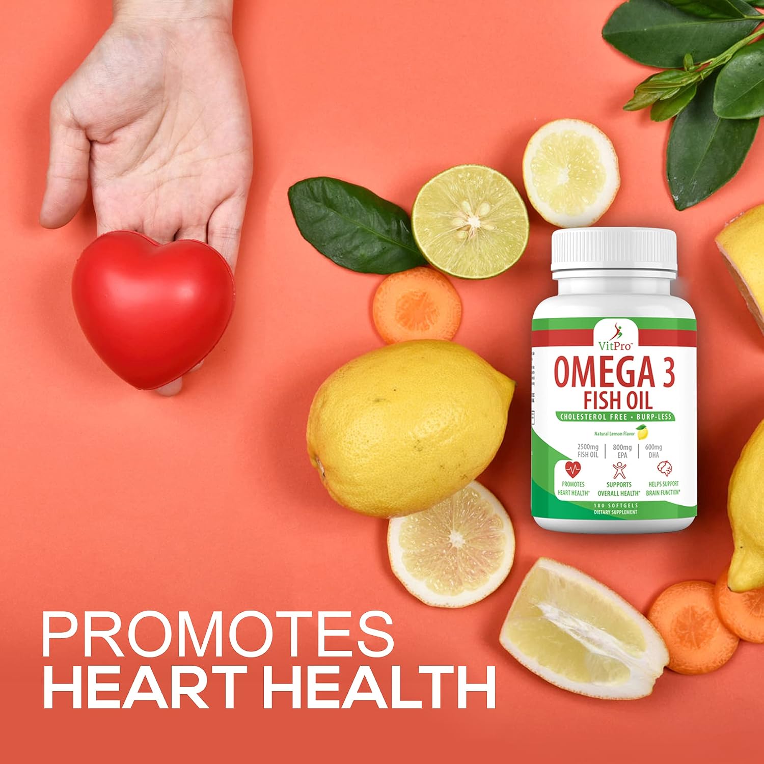 VitPro Triple Strength Omega 3 Fish Oil - 2500mg with EPA and DHA, Cholesterol Free, Burp-Less, Joint Support, Promotes Brain & Heart Health, Non-GMO, Natural Lemon Flavor - 180 Softgels