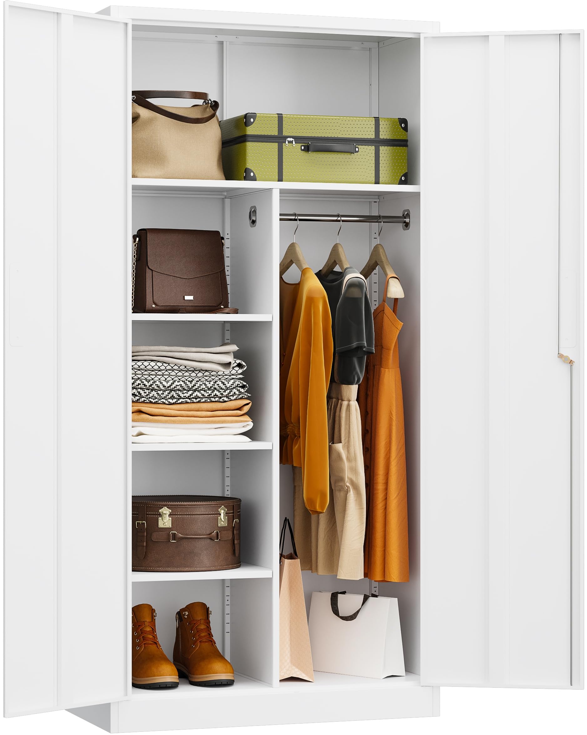 White Wardrobe Cabinet with Lock and Hanging Rod,72" Armoire Closet with Shelf,Lockable Storage Locker,Metal Storage Cabinet with Locking Doors,Steel Wardrobe for Home,Bedroom,Office,Employee,ShopRecycled Claim Standard Blended