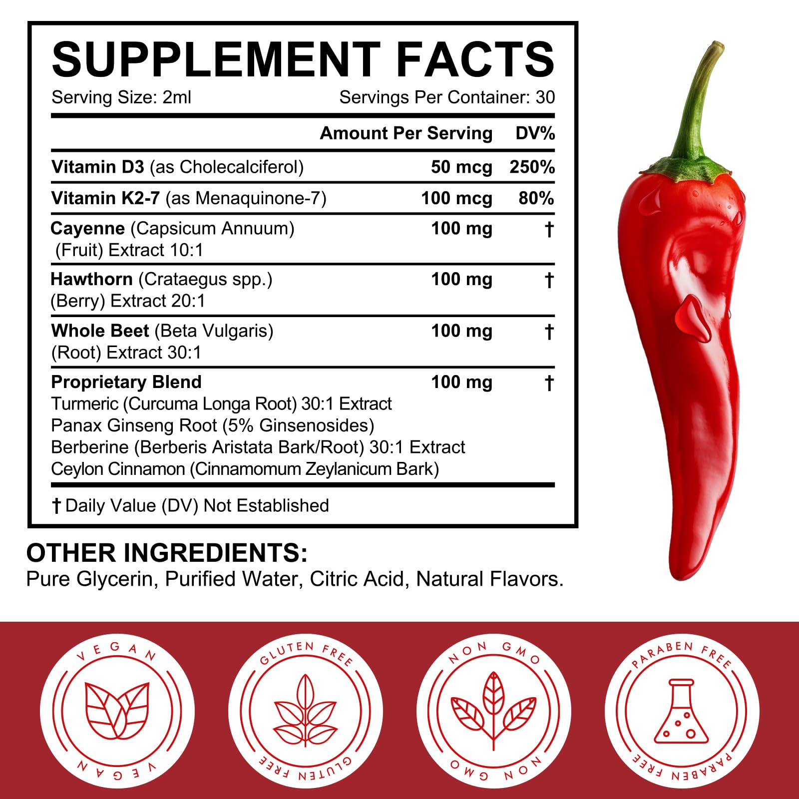 Cayenne Pepper Drops, Liquid Cayenne Pepper, Cayenne Health Supplements, Cayenne Pepper Hawthorn Beet Root Turmeric Curcumin, Vitamin K2 & D3, Vegan-Friendly- 2 Fl Oz — Amazon image 8