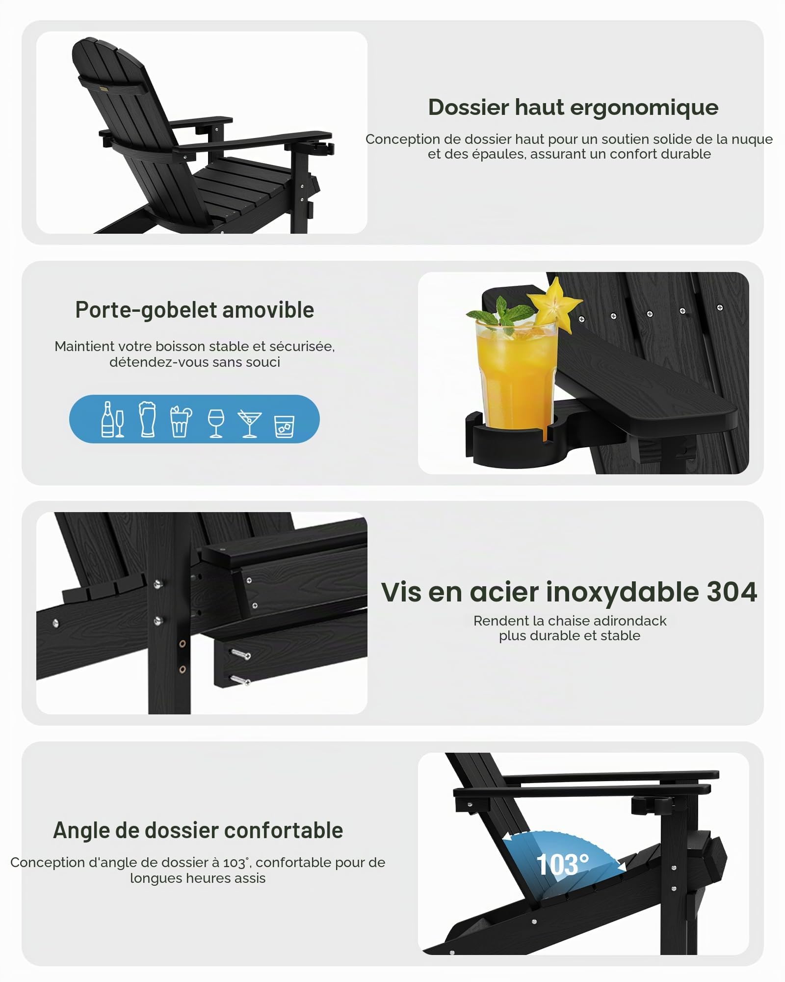 MXIMU Adirondack Chaise d'extérieur pour Jardin : Dossier Ergonomique Confortable et Durable avec Porte-gobelet – Chaises Adirondack Toutes Saisons pour terrasse/Foyer/Camping/Piscine