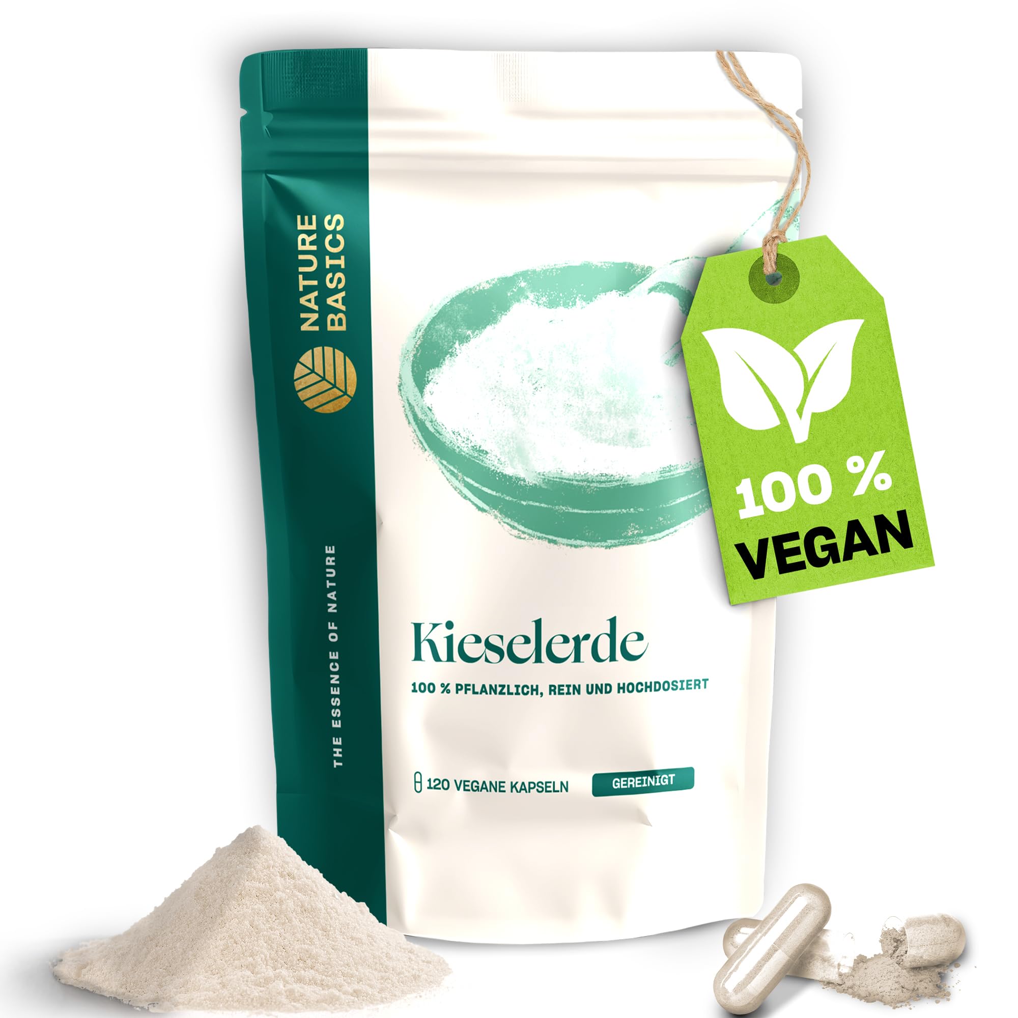 Nature Basics Kieselerde Kapseln hochdosiert | 120 Stück | nachhaltig, laborgeprüft & aus Deutschland | Silizium für Haare, Nägel, Haut & Bindegewebe | vegan, gluten- und laktosefrei