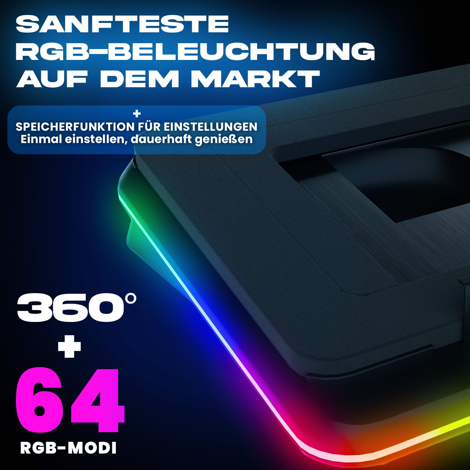 KLIM Turbofrost Laptop Kühler - Gaming Laptop Kühlpad mit 4 Turbolüftern - 4x4000 RPM, 2 Leistungsmodi (USB-C/DC), RGB, 4 USB-Ports und Dämpfung für schnelle Kühlung. Für bis 17 Zoll - Schwarz