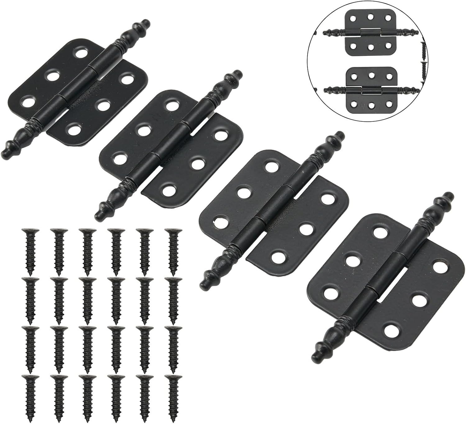 4x Antique Crown Head Hinges with 6 Holes Suitable for Jewelry Box, Cabinet, Cupboard, and Tool Box Projects (Black)