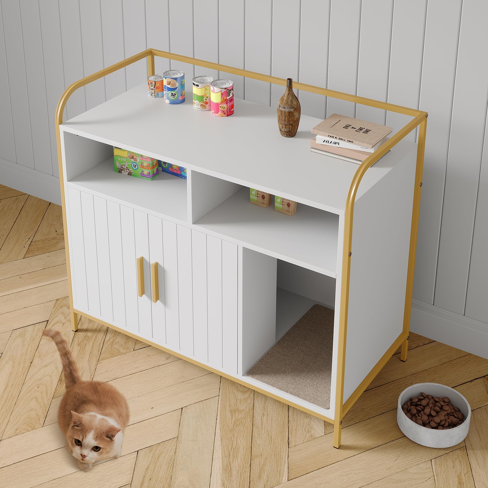 Garvee Moderner Katzenstreu-Schrank aus Holz, mit Ablagen, Belüftungsöffnungen und seitlichem Eingang, verdeckt die Katzentoilette und dient als Hundehütte, Weiß