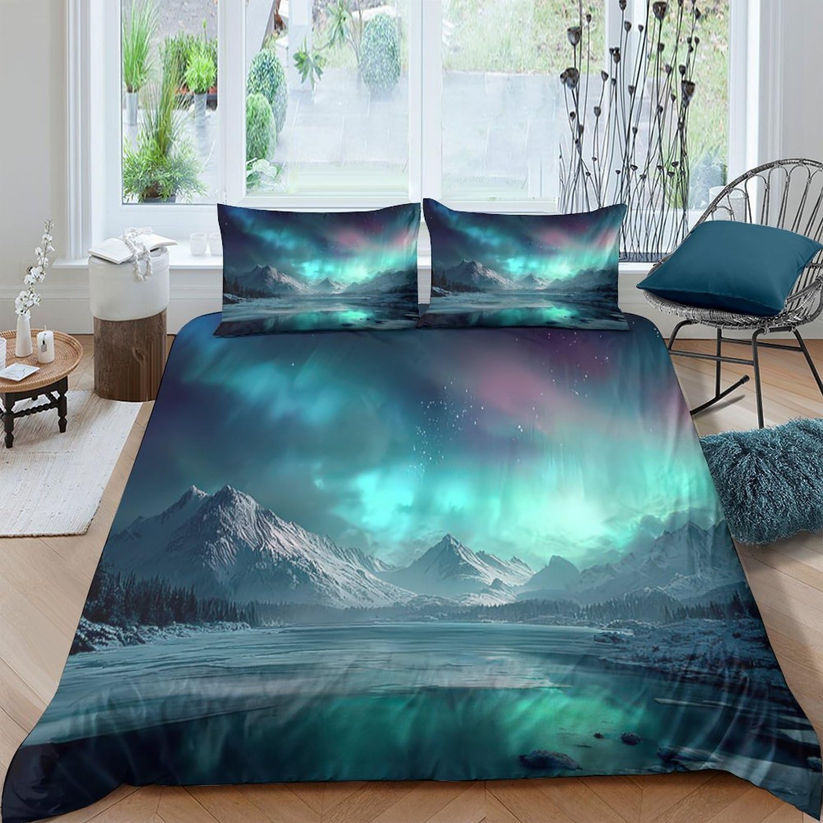 Ctjqhvkz Style-4 3D Printed Northern Lights Fitted Sheet Microfiber Soft Mountain Landscape Mattress Cover For Bedroom Dorm Decor Easy Care Single（135X200cm）