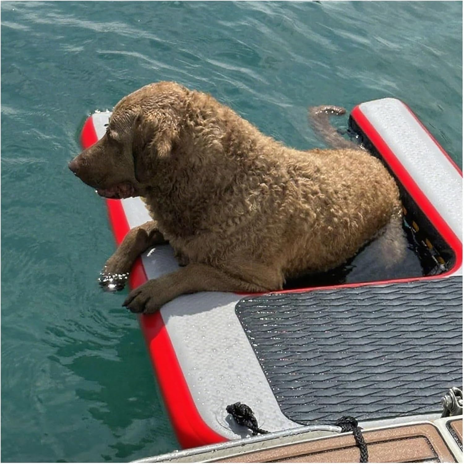 Dog Dock Platform Large, 1.5m Inflatable Dog Water Ramp Foldable Reusable, Max Load 105kg, Dog Floating Ladder with EVA Pad & 3 3D Steps & 3 Nylon Handle & 4 D Ring(Red)