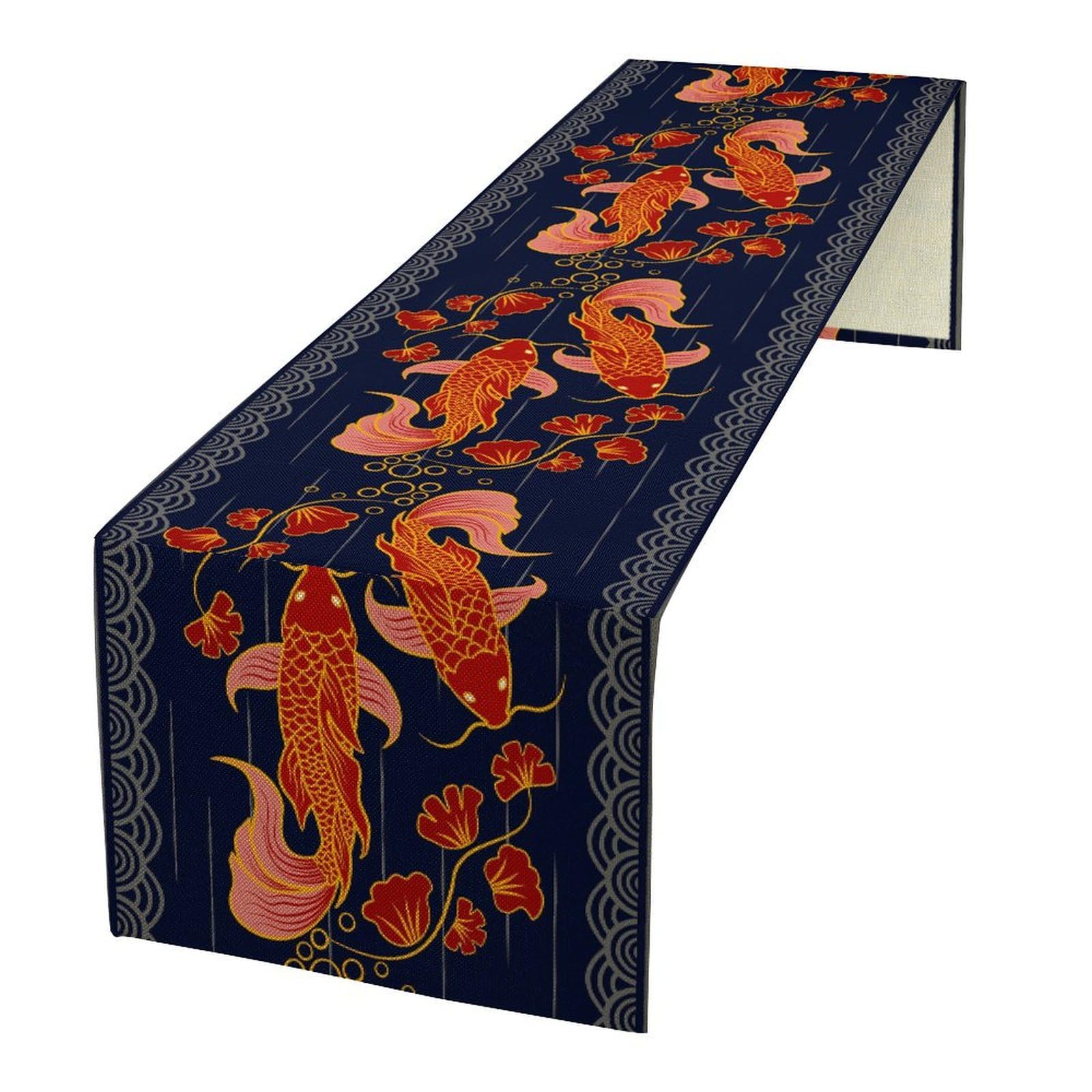 TFOSO Japanese Koi Table Runner,Traditional Asian Style Print Table Runner for Kitchen Dining Table Home Party Decoration 13x36 Inch