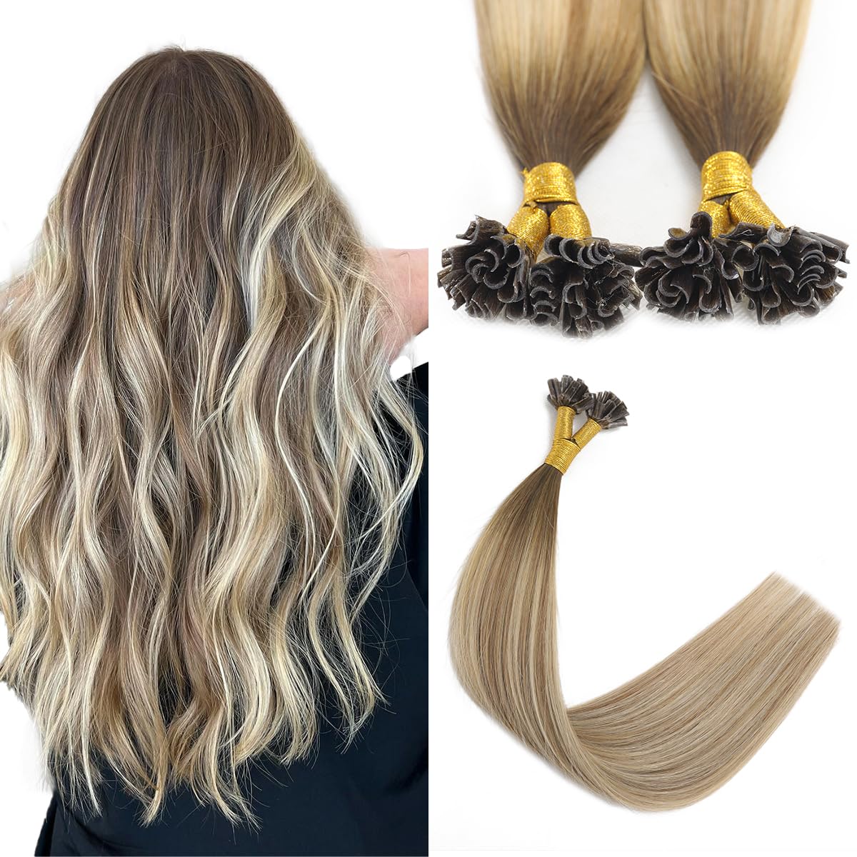 Sindra U Tip Extensions Human Hair 16 Inch 40g Balayage Ombre Walnut Brown to Ash Brown and Blonde Fusion Human Hair Extensions Straight 50 Strands #3/8/22 16inch