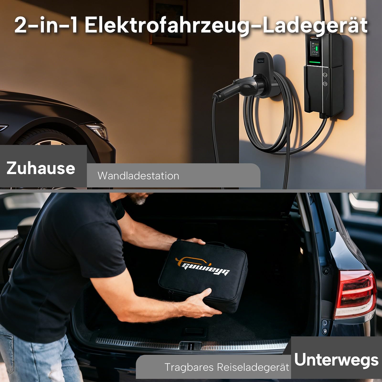 Typ 1 Ladekabel Schuko, 3,5kW /5M EV Ladegerät mit Typ 1 auf Typ 2 Adapter, Verstellbarer Strom 8-16A Elektroauto Ladegerät für J1772 EVs