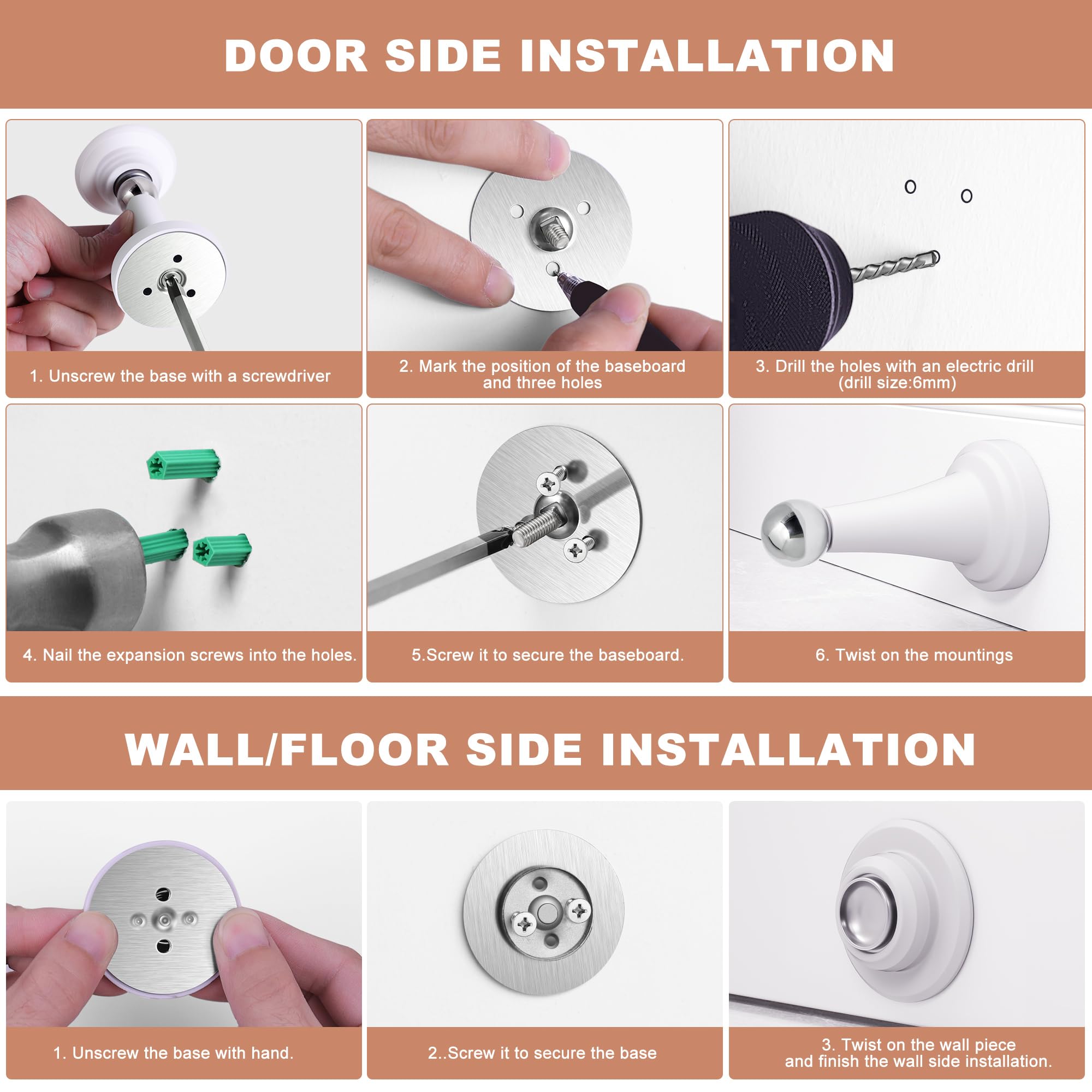 Topes magnéticos para puerta, acero inoxidable y goma, para montaje en pared y suelo, tope de puerta sin taladrar con cintas adhesivas, blanco, paquete de 4