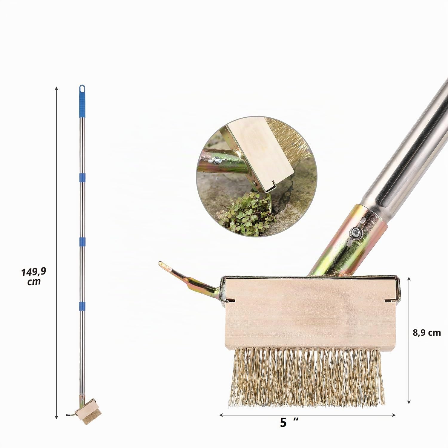 Brosse à mauvaises herbes à long manche pour nettoyer les terrasses, pavés et allées de terrasse avec poils métalliques coudés, grattoir à lame de 152,4 cm pour enlever l'accumulation de mousse (bleu)