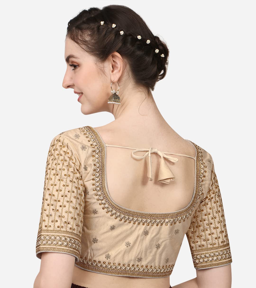 Pujia Mills Women's Cobra Silk Embroidery Coding Stone Work Half Sleeve Saree Blouse