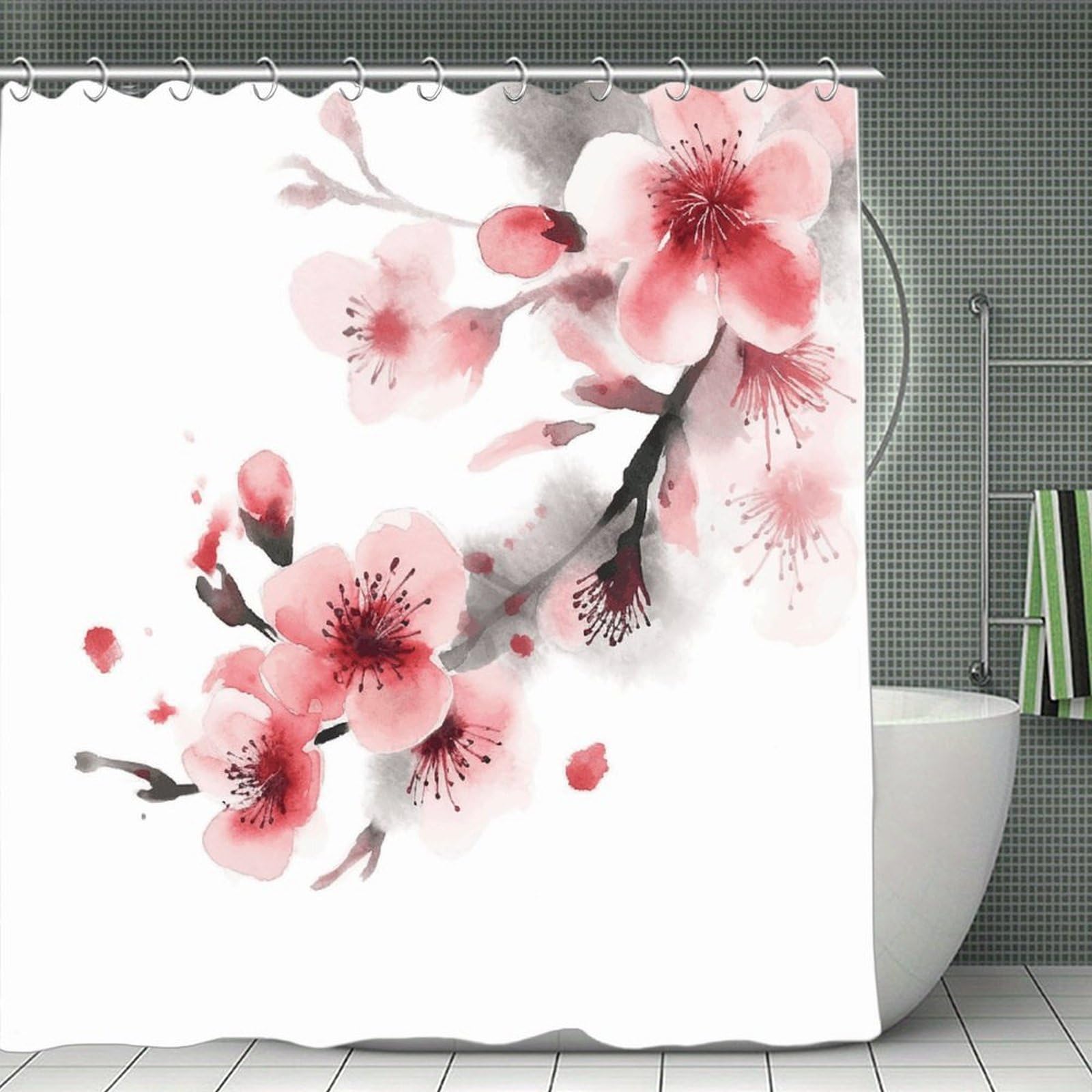 JTREHY Asian Watercolor Pink Cherry Florals Shower Curtain Waterproof Bathroom Shower Curtain Machine Washable Bath Curtains Polyester Cloth Bath Curtains for Bathroom Showers 70.8×70.8Inch