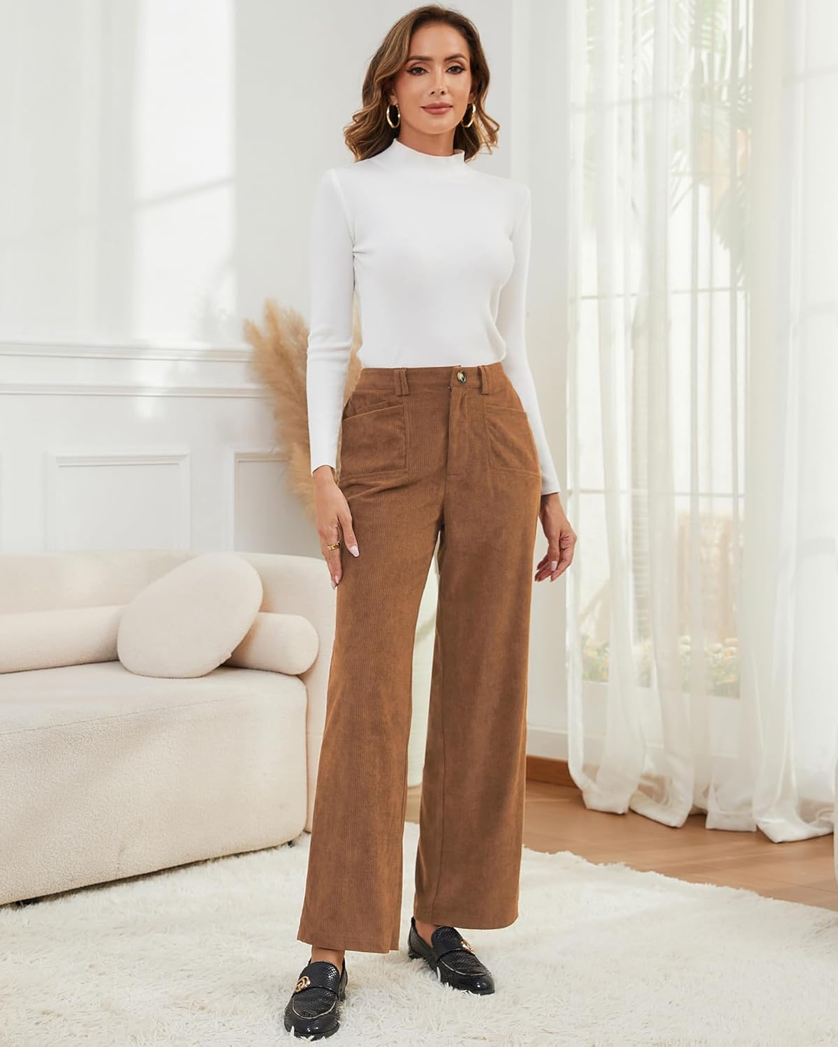 Eddoyee Stretch Corduroy Pants Women Wide Leg Straight High Waisted Fall Casual Pants 2026 Cropped Trousers Trendy Outfits - Image 6