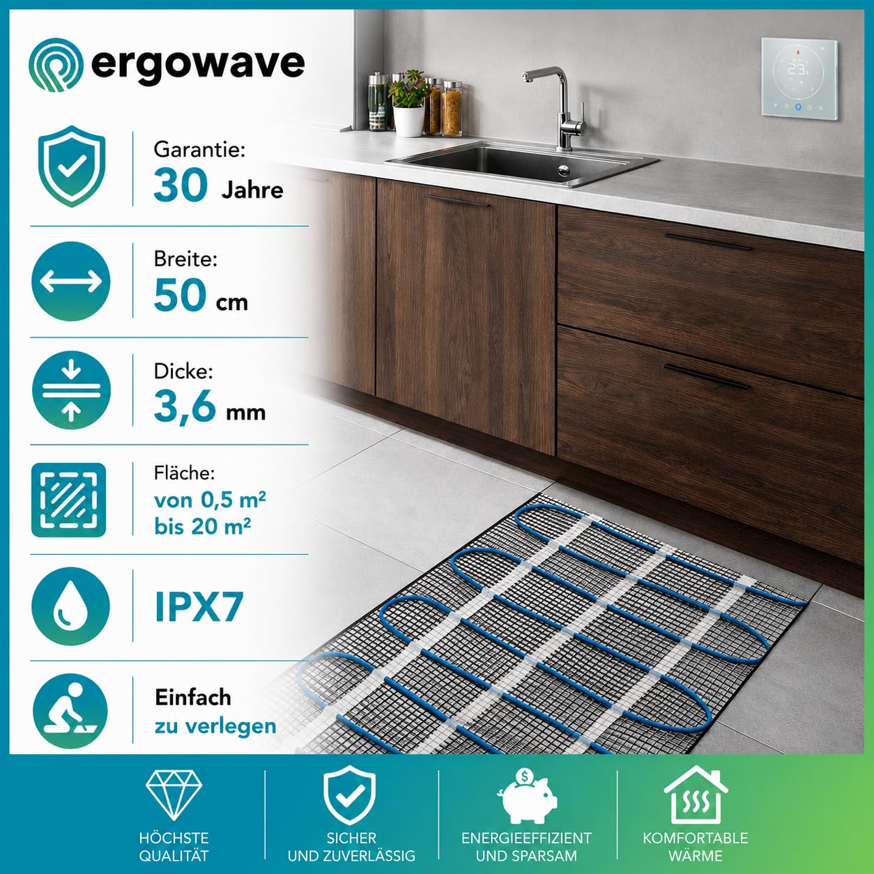 elektrische Fußbodenheizung, Heizmatte mit Thermostat für Fliesen 160 W/m² | Heizkabel 3,6 mm dünn, selbstklebend, IPX7 wasserdicht, App-Steuerung, 0.5-20 m² wählbar, für Bad & Küche