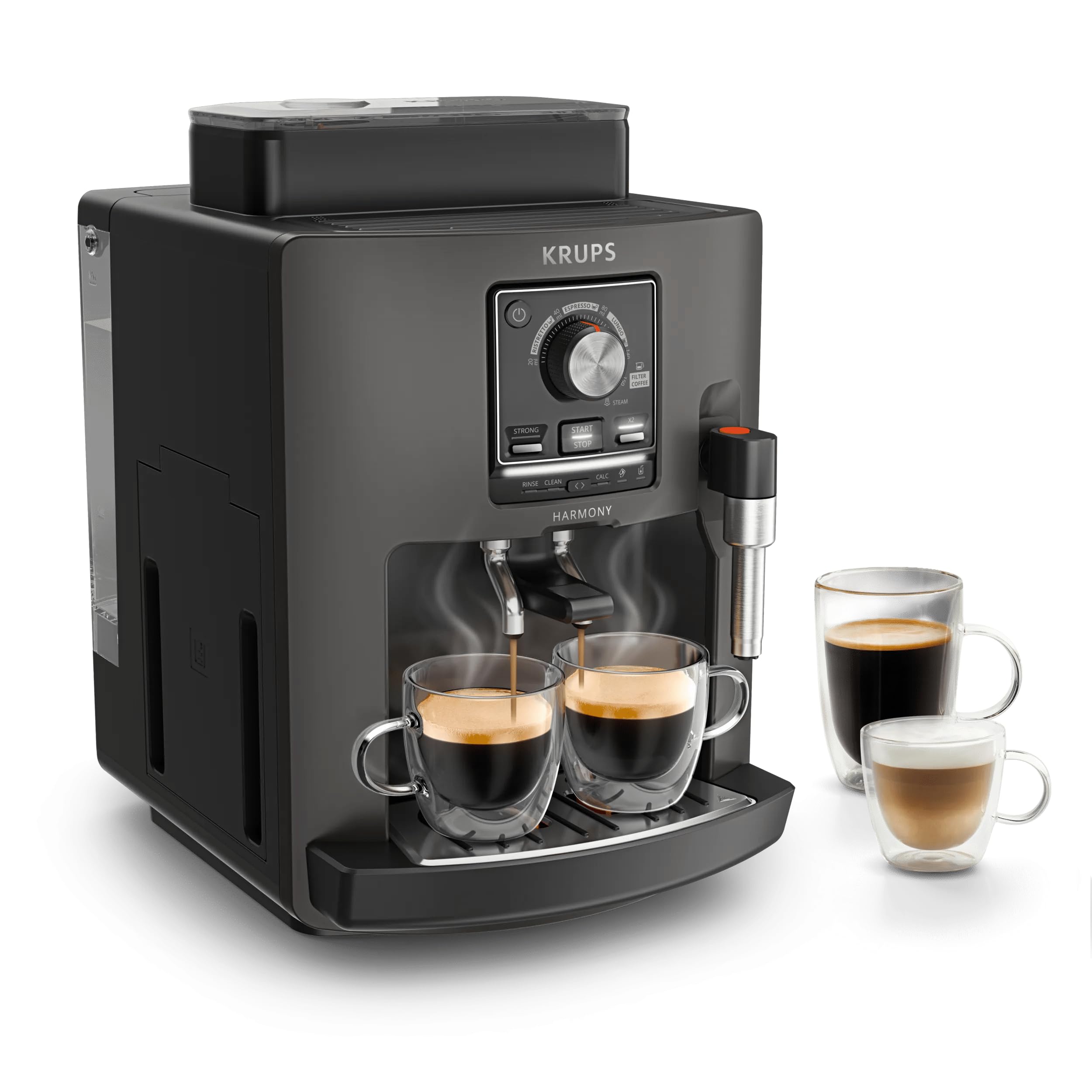 Krups EA508B Harmony automatyczny ekspres do kawy, z dyszą parową, 4 napoje kawowe, automatyczne czyszczenie, 2 filiżanki na raz, węgiel