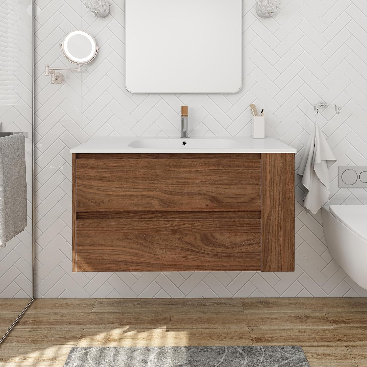 Pvillez 36 inch Bathroom Vanity with Ceramic Sink Combo, Floating Bathroom Vanity Cabinet with Soft Close Drawers & Side Cabinet, Modern Wall Mounted Single Sink Bathroom Vanity in Brown Oak