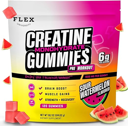 Creatine Gummies for Men Women 6g, Pre Workout Creatine Monohydrate Protein Gummy Chews, Vegan Chewable Preworkout Post Recovery Gym Gains Supplement, Lean Muscle Builder Pump Energy Focus (120 Ct)