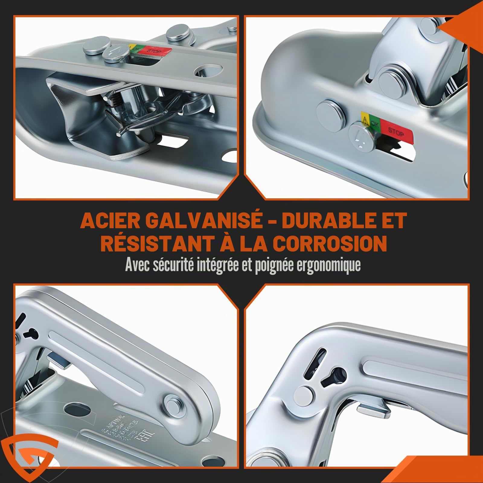 GEARMONSTER Attache de remorque 800 kg, tête d'attelage carrée, 50 mm, boule universelle, attelage de remorque WW8-G