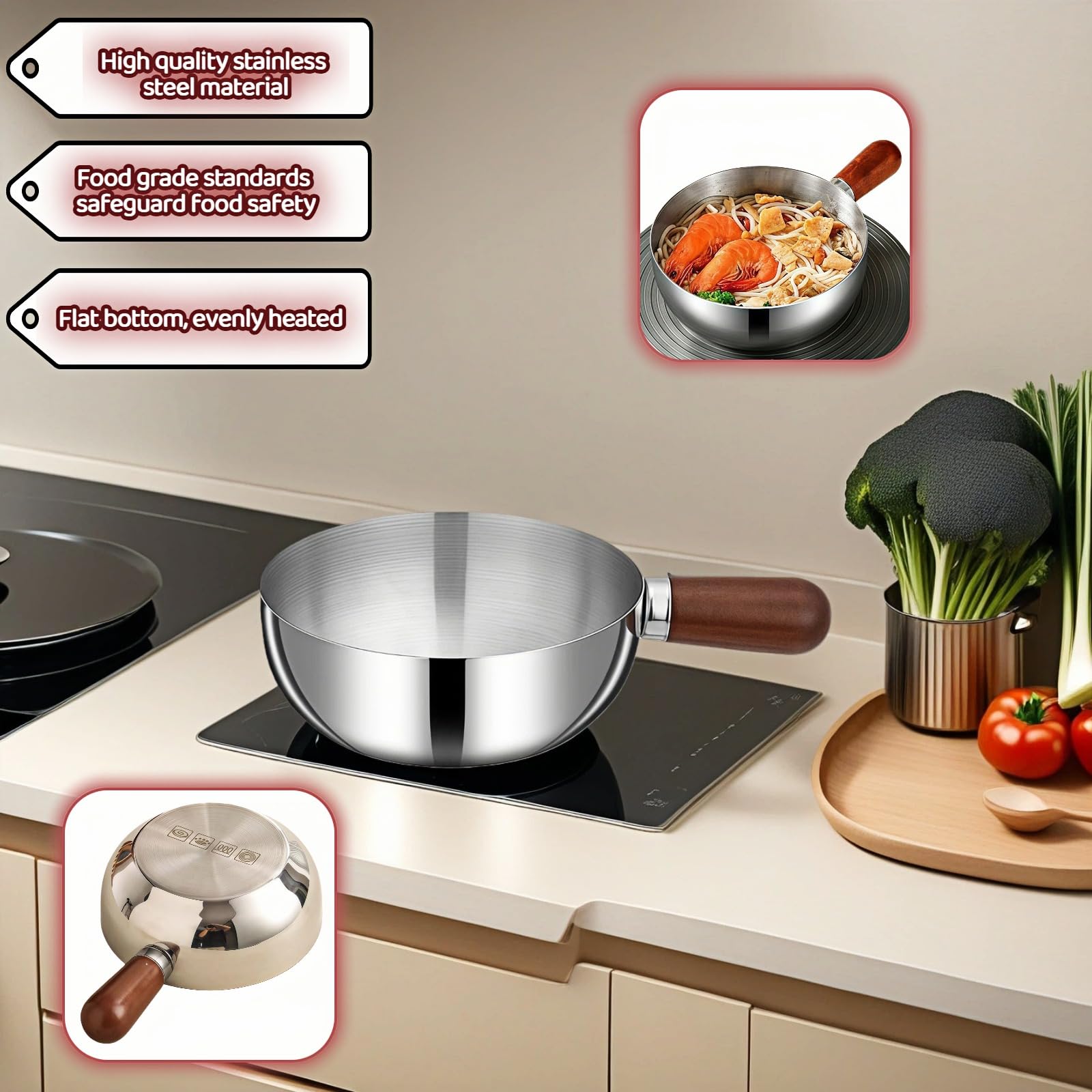 800ml/27oz Wood Handle Saucepan - 316 Stainless Steel, Multi-Use Induction Compatible Pan for Milk, Soup, Oatmeal, Camping & Small Kitchen — Amazon image 3