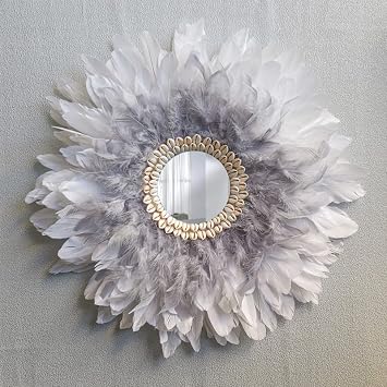 Teinopalpus Feather Wall Art for Living Room/Bedroom/Office Handcrafted Feather JUJU HAT Decoration Mirror Cowrie Shells with African Design,White and Grey 55cm / 22" in