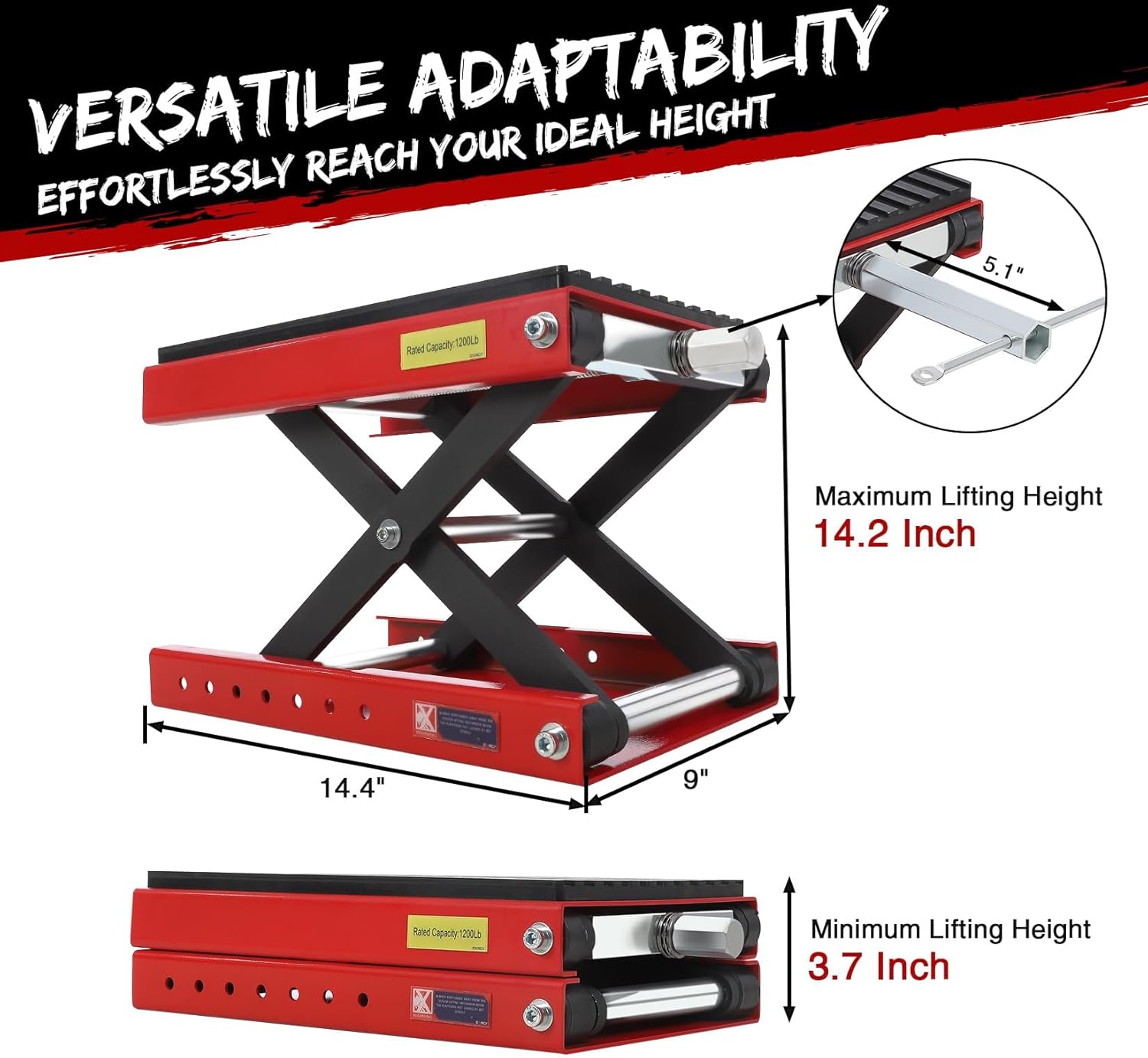 1200 LBS Motorcycle Lift, Dirt Bike Scissor Jack Lift Table with Hand Crank & Non-Slip Deck, 3.7"-14.2" Height Adjustable Center Hoist Stand for ATVs, Cruiser, Touring Motorcycles