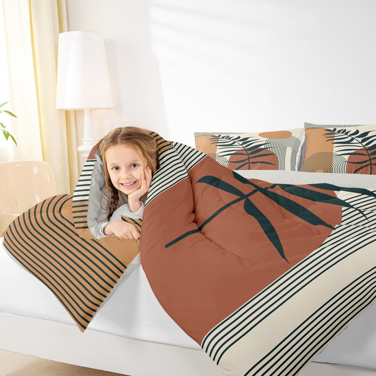 Boho Sun and Leaves Kids King Comforter Sets,Mid Century Modern Bedding Set for Adults Men Teens Woman,Abstract Geometric Lines Quilt Set 3 PCS,Modern Minimalist Duvet Insert,2 Pillow Cases