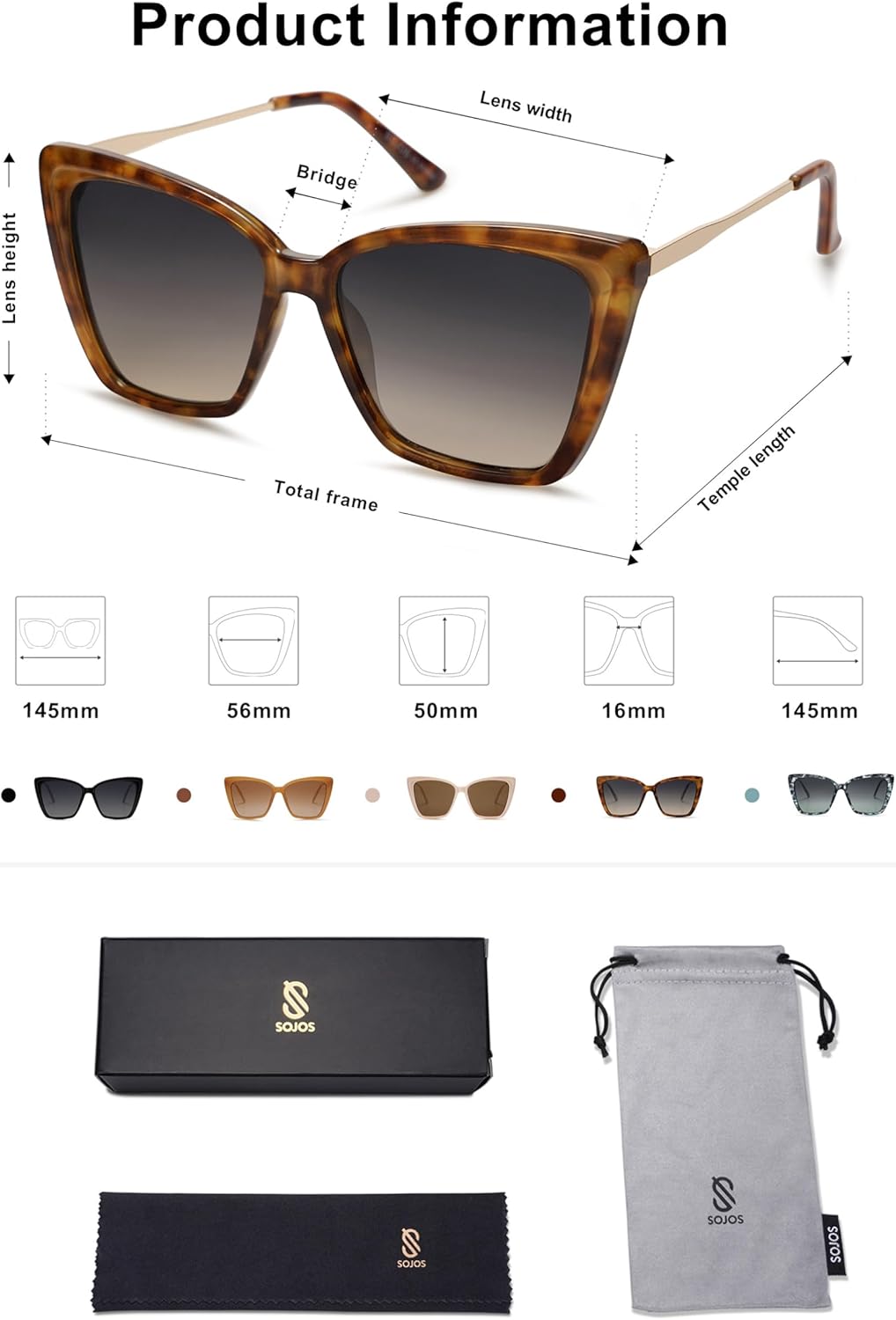 SOJOS Trendy Polarized Sunglasses For Women Retro Womens Oversized Square Cat Eye Sun Glasses UV Protection SJ2206 - Image 5