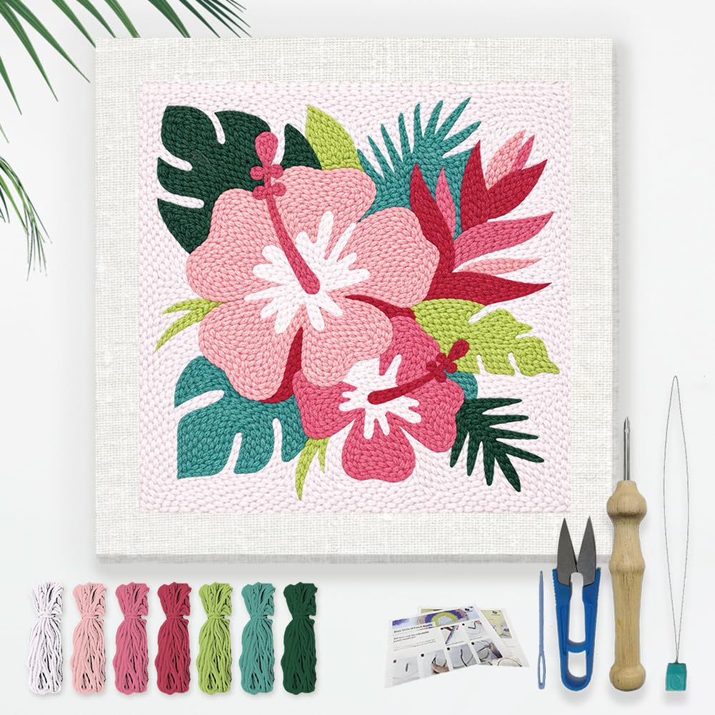 DOODLREAM Hibiscus Flower Punch Needle Kit for Beginner, 24x24cm Tropical Plant Punch Stitching Craft Set, DIY Embroidery Starter with Printed Frame, Instruction, Threader, Yarn, Pinch Needle