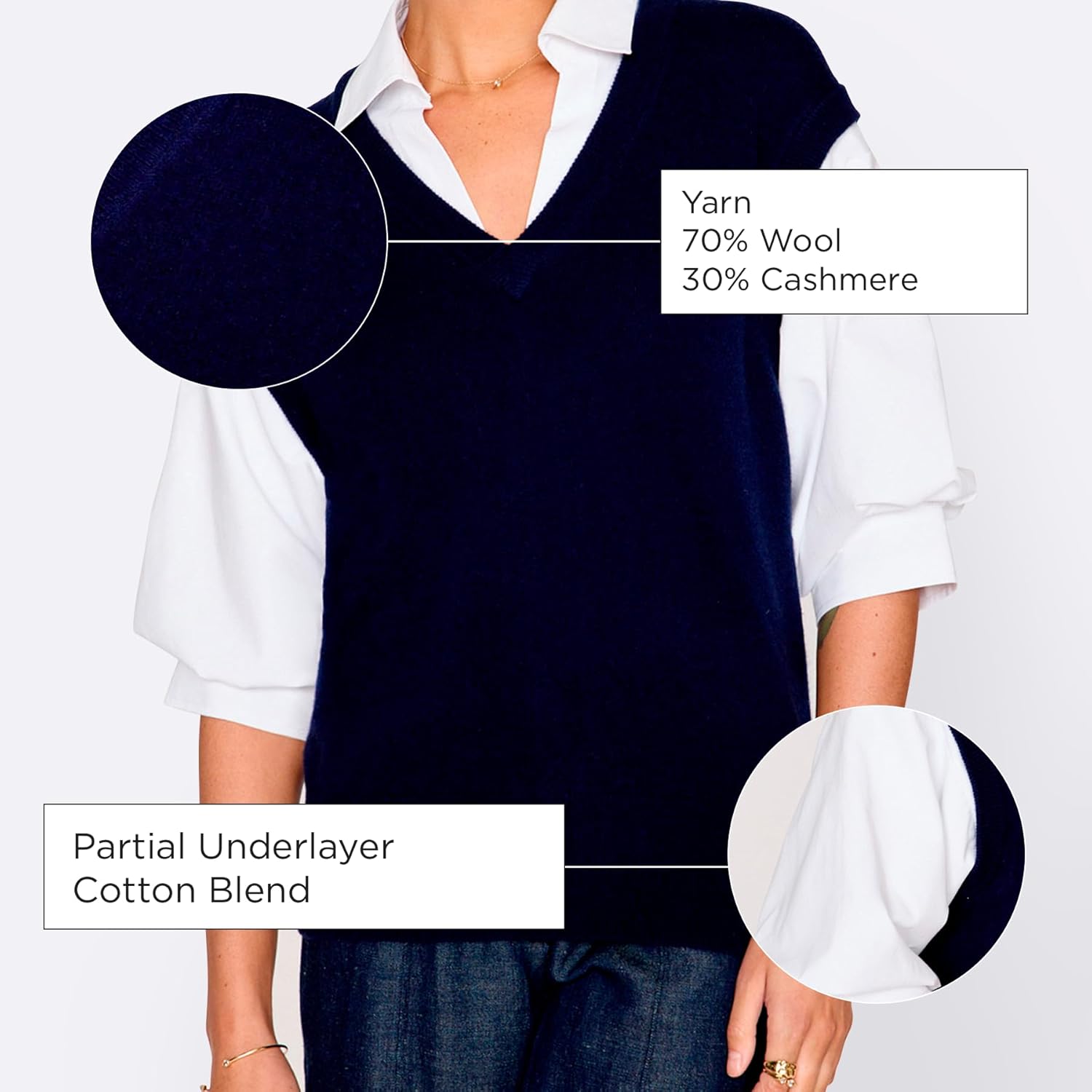 Brochu Walker The Kate Shirt Looker - V Neck Vest Sweater with White Shirt, Elbow-Length Blouson Sleeves, Wool/Cashmere Blend (US, Alpha, X-Small, Regular, Regular, Navy)