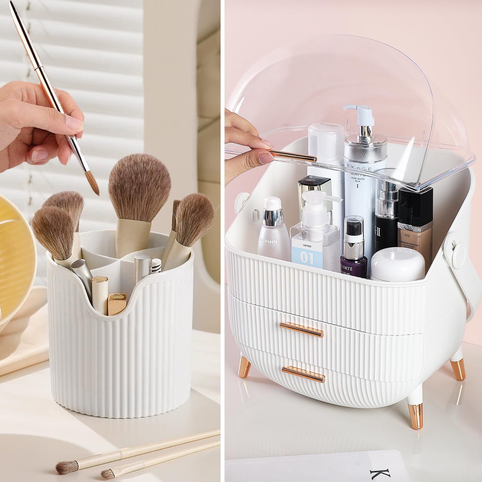 UCAMP Organizador Maquillaje,Organizador de Maquillaje con soporte para brochas,de plástico de 3 niveles con asa y tapa transparente,soporte Organizador Cosmeticos impermeable y a prueba de polvo