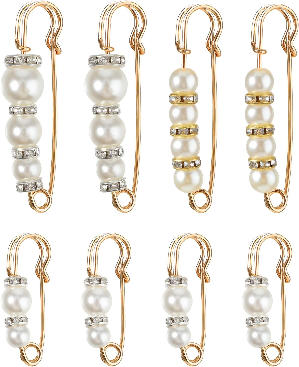 8 Pcs Pearl Safety Pins Set Decorative Safety Pin for Pant Waist Tightener Fashion Pearl Brooch Pins Pearls Rhinestones Brooches for Women Clothing Dresses Jeans Shawl Decoration Accessories