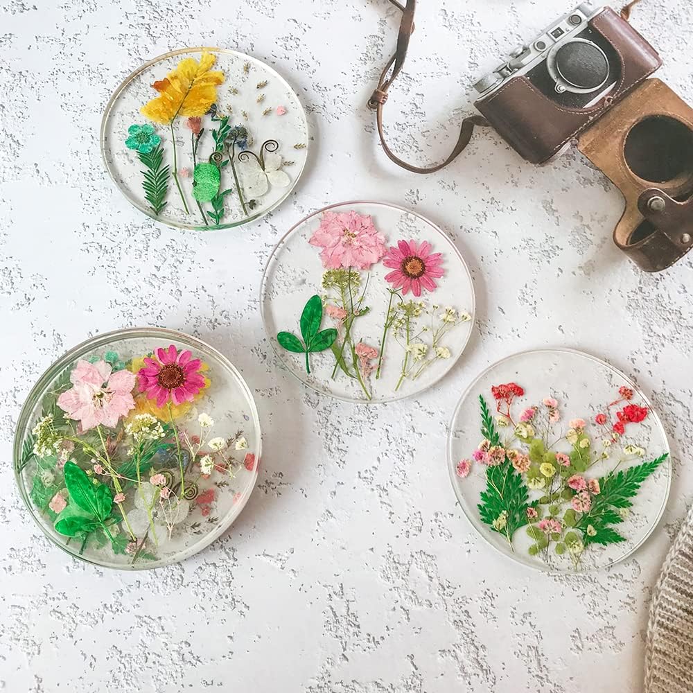 Floral Coasters for Drinks: Handmade Resin Coasters Tabletop Protection Cup Mat Round Coaster Set with Real Flower for Women Coffee Table Home Decor （Set of 6）