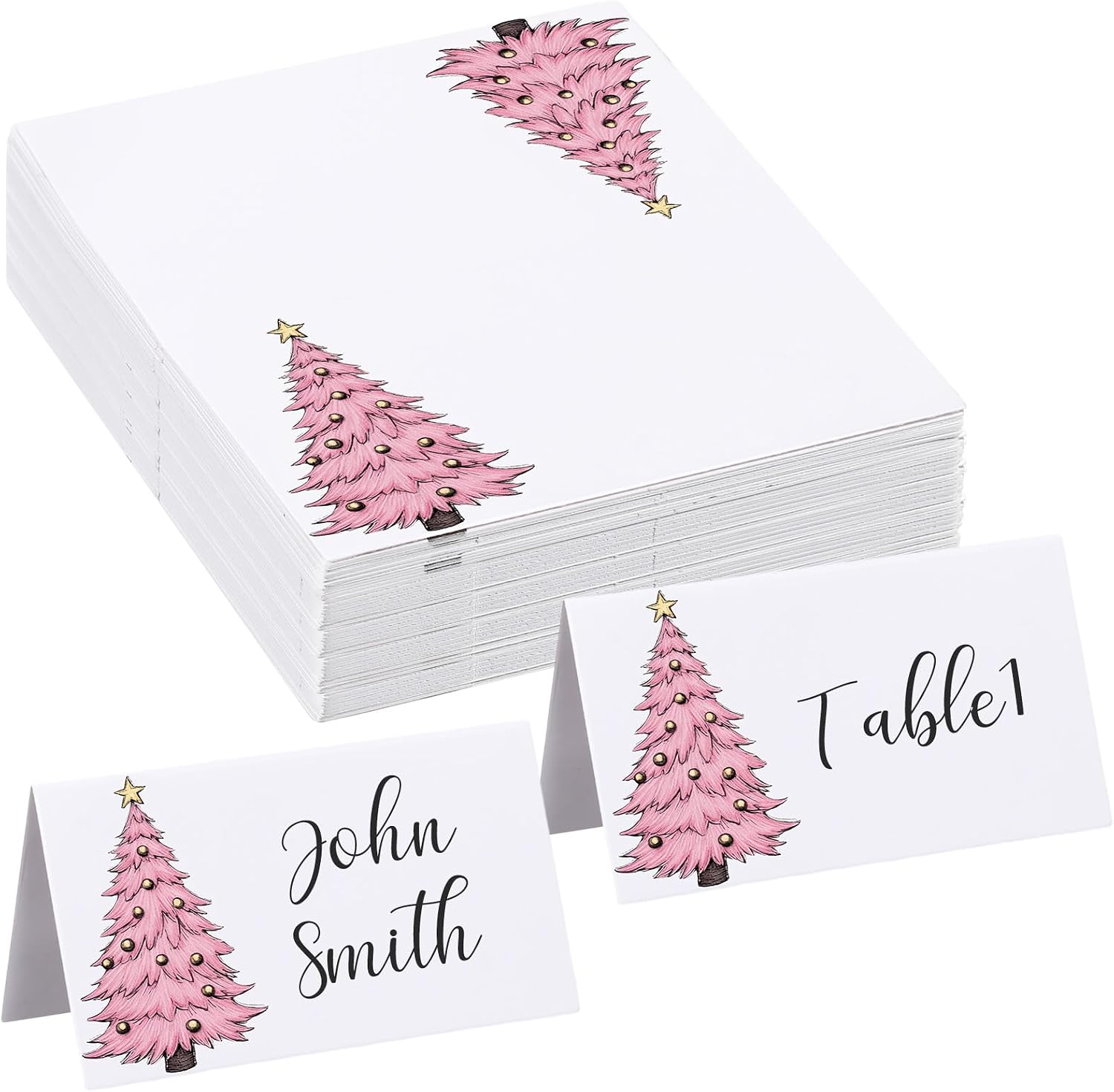 Fumete 100 Pcs Pink Christmas Tree Name Place Cards for Table Setting