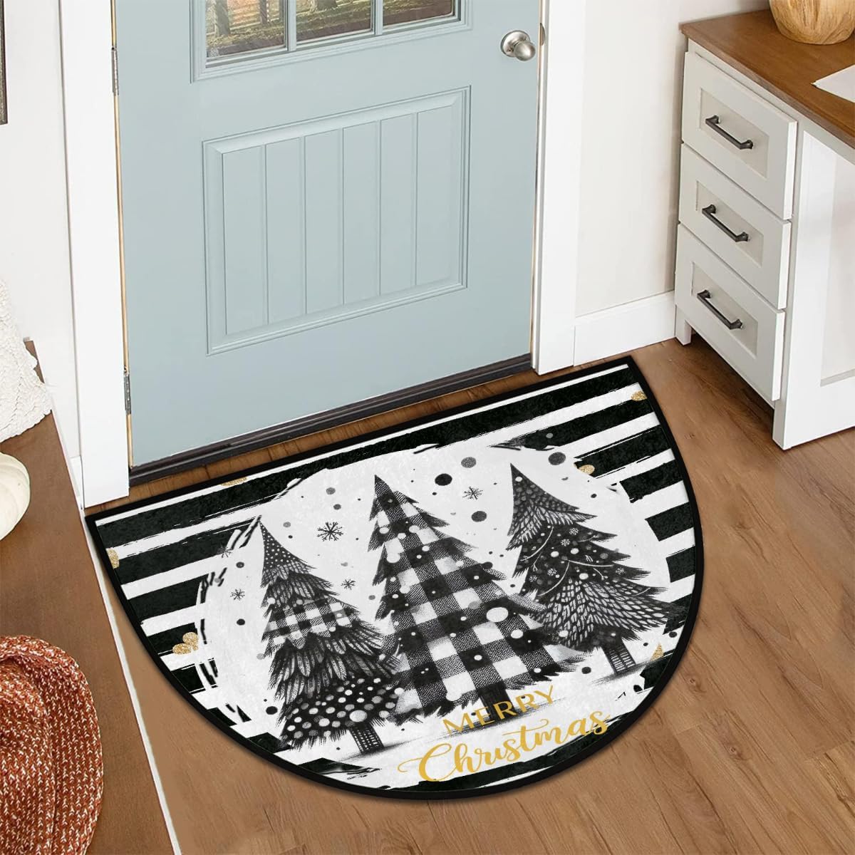 Half Round Door Mat Black Tree Christmas Non Slip Absorbent Semi Circle Area Rugs Washable Half Moon Floor Mats for Indoor Patio Kitchen Bathroom Entryway Fireplace Home Carpet Decor