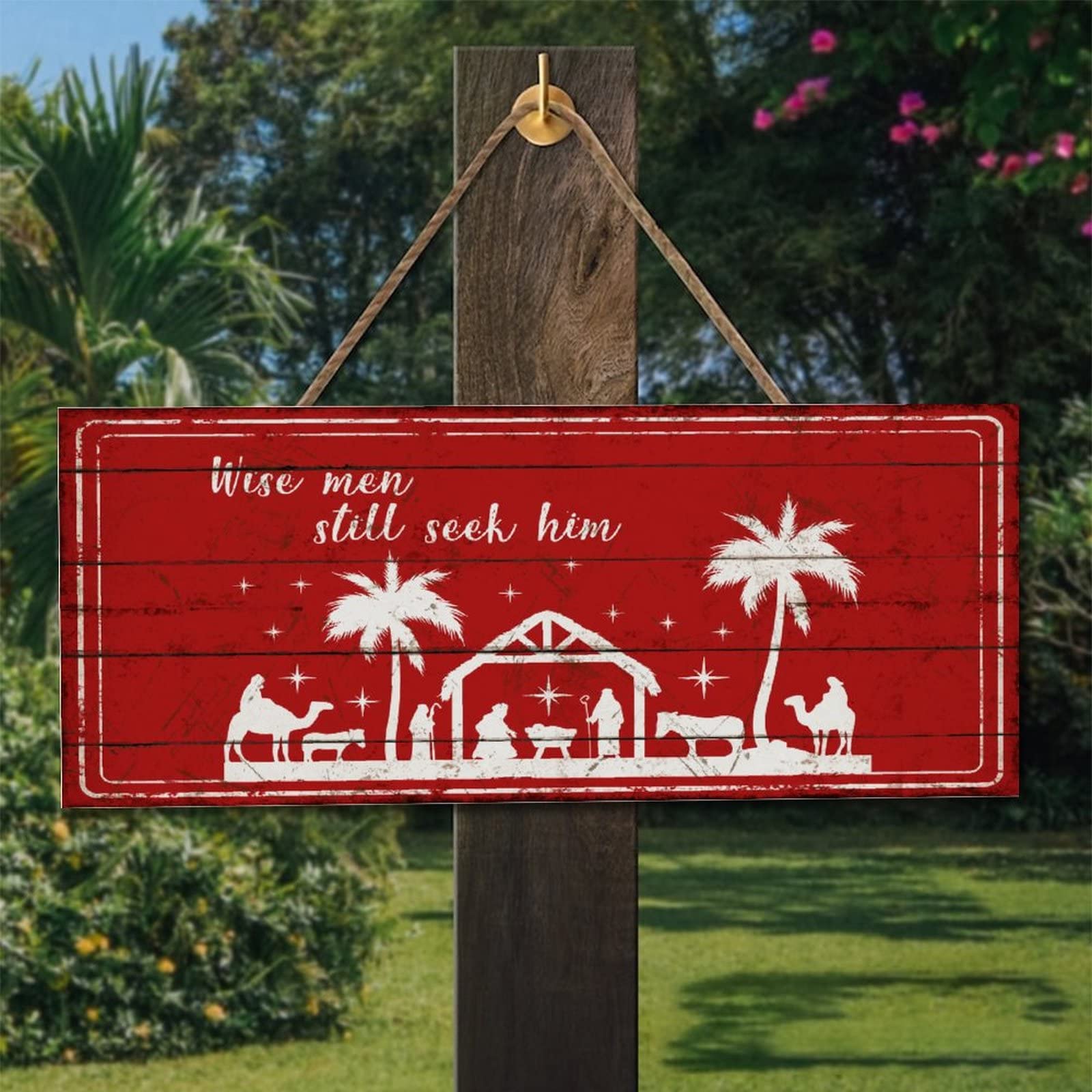 Crèche de Noël religieuse en bois : panneau décoratif mural de 25 x 60 cm