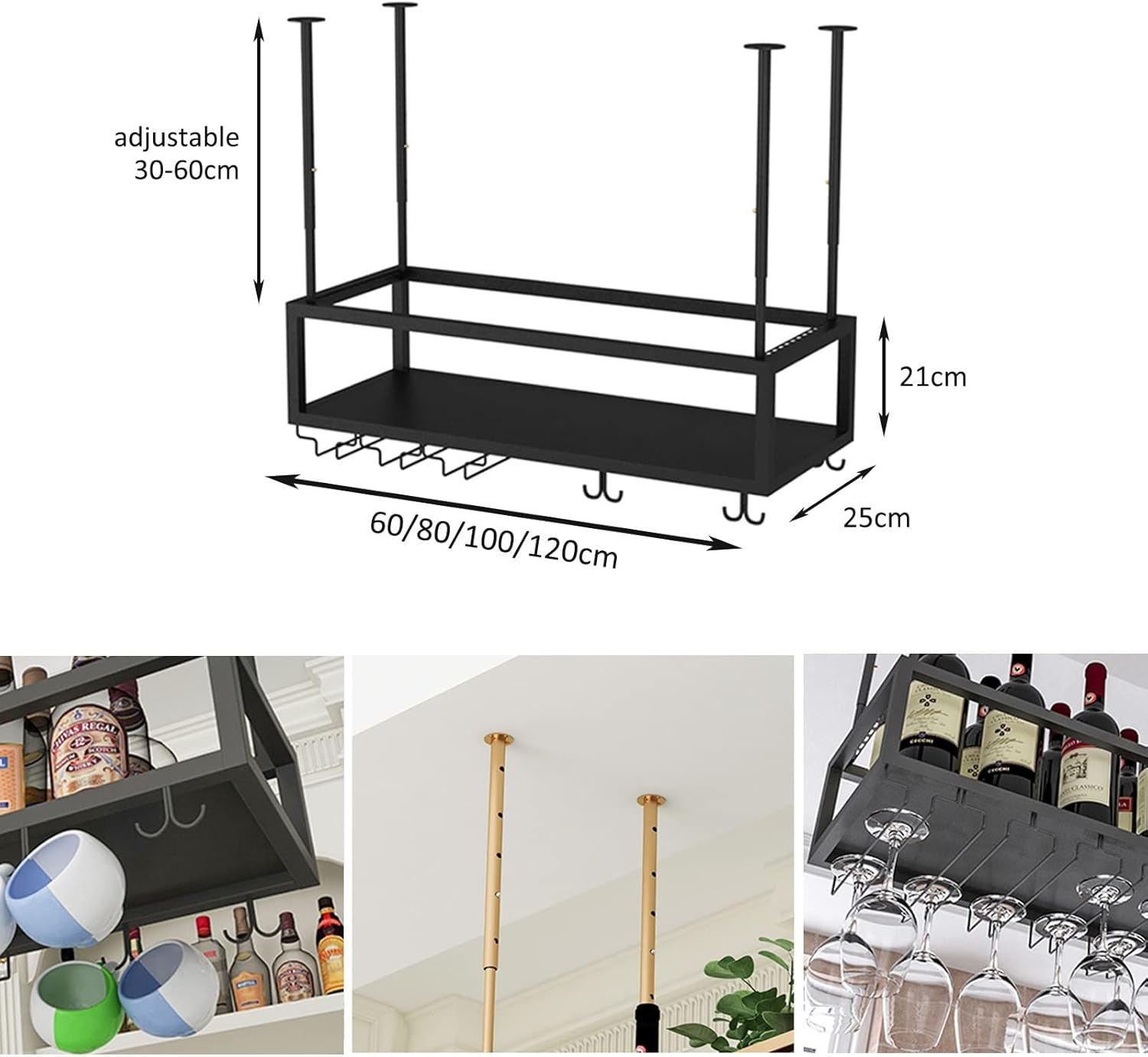 Wine Rack Metal Wine Racks Hanging Wine Storage Shelf Upside Down Wine Cups Holder Living Room Bar Restaurant Kitchen Ceiling Display Rack - Black,Black-60x25x21cm